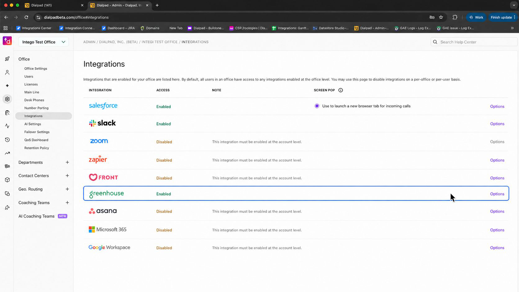 Screenshot of the Integrations page showing a list of integrations with the Greenhouse row highlighted and an Options action visible on the right