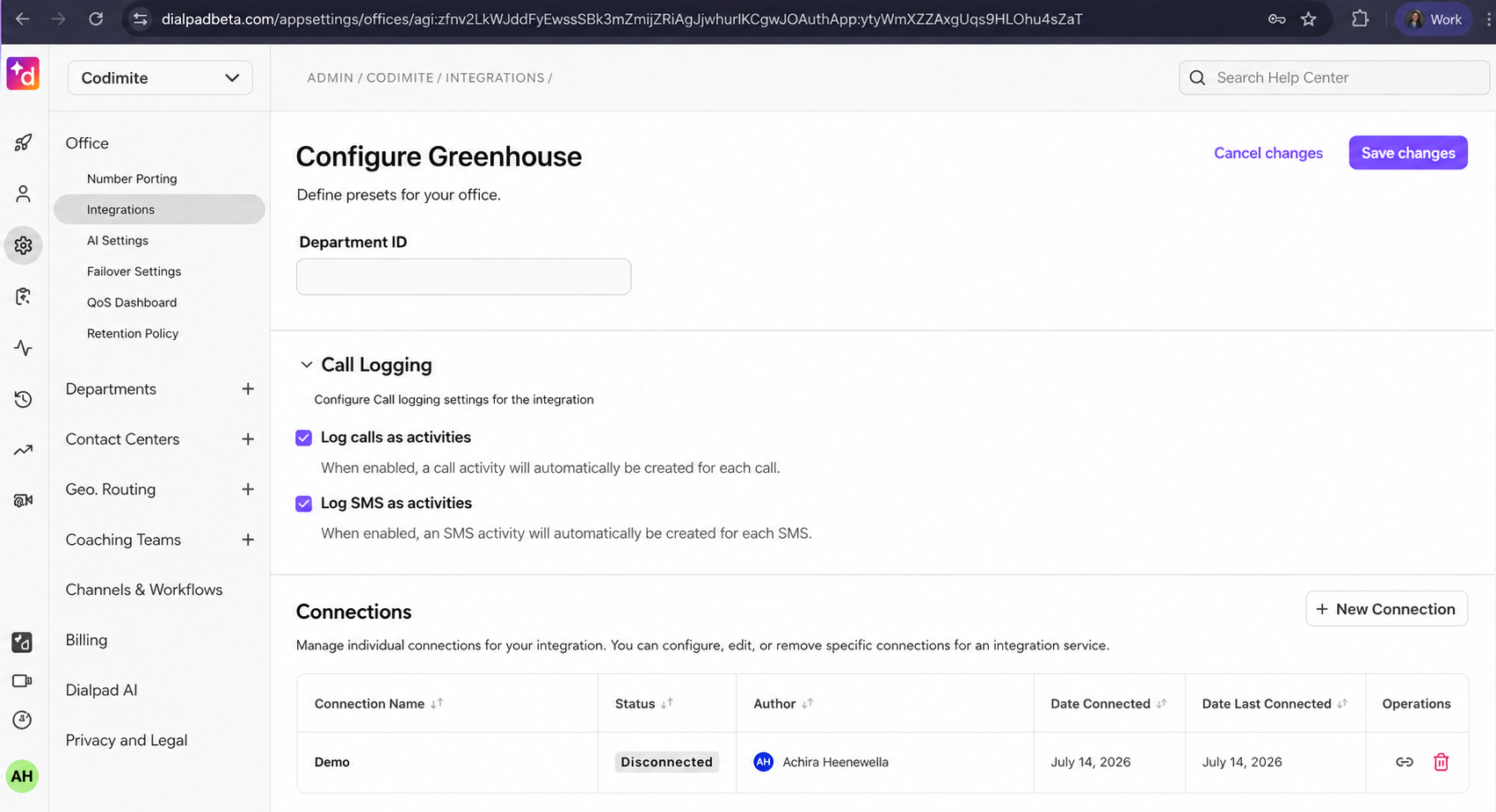 Screenshot of the Configure Greenhouse page showing Enablement settings (call and SMS activity logging) and the Connections section with a table and a New Connection button