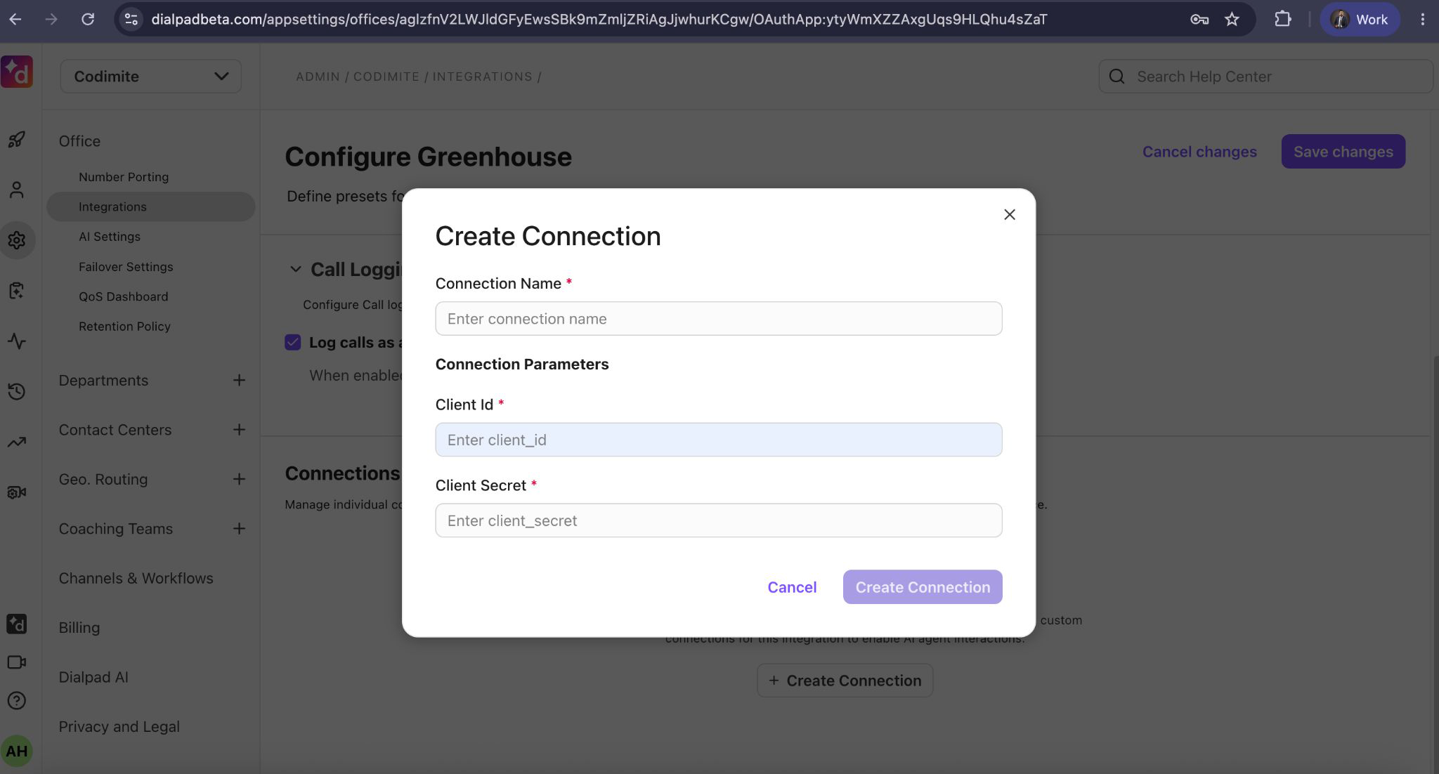Screenshot of a web application settings page with a centered modal titled Create Connection showing input fields labeled Connection Name, Client Id, and Client Secret.
