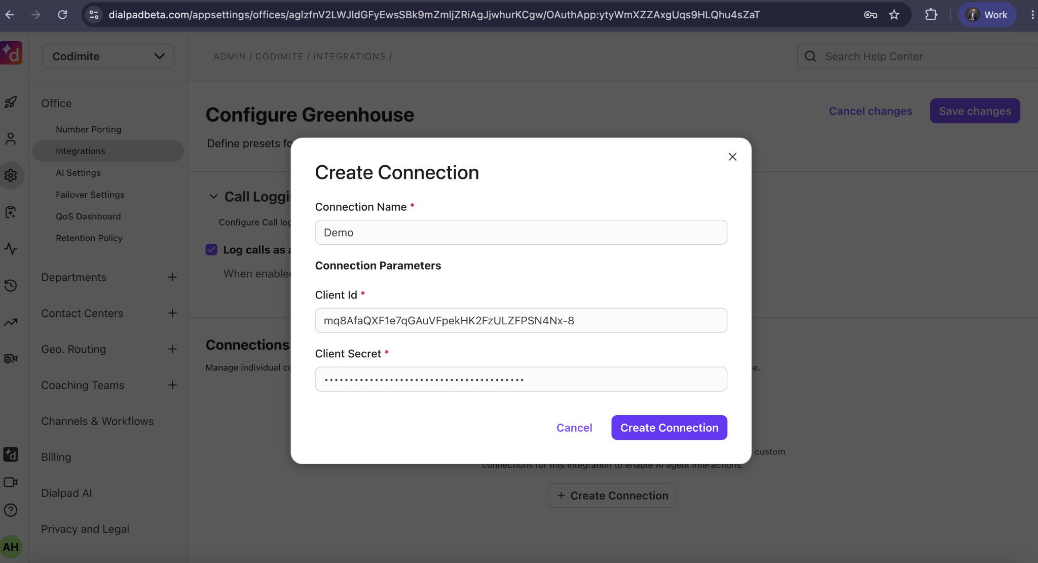 Modal dialog titled Create Connection showing form fields labeled Connection Name with value Demo, a Connection Parameters section with Client Id value visible and a masked Client Secret field; action buttons Cancel and Create Connection are shown in the modal.
