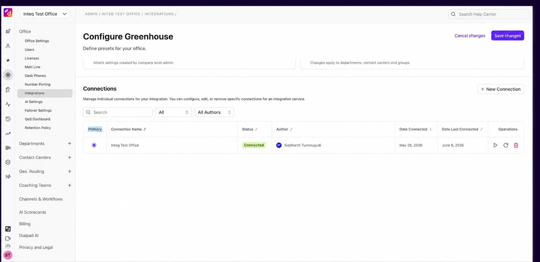 Screenshot of the Configure Greenhouse page showing the Connections table. The Primary radio button is selected for the Integ Test Office connection and the Status column shows a green Connected badge. The page layout includes a left sidebar and a top nav with Save changes button.