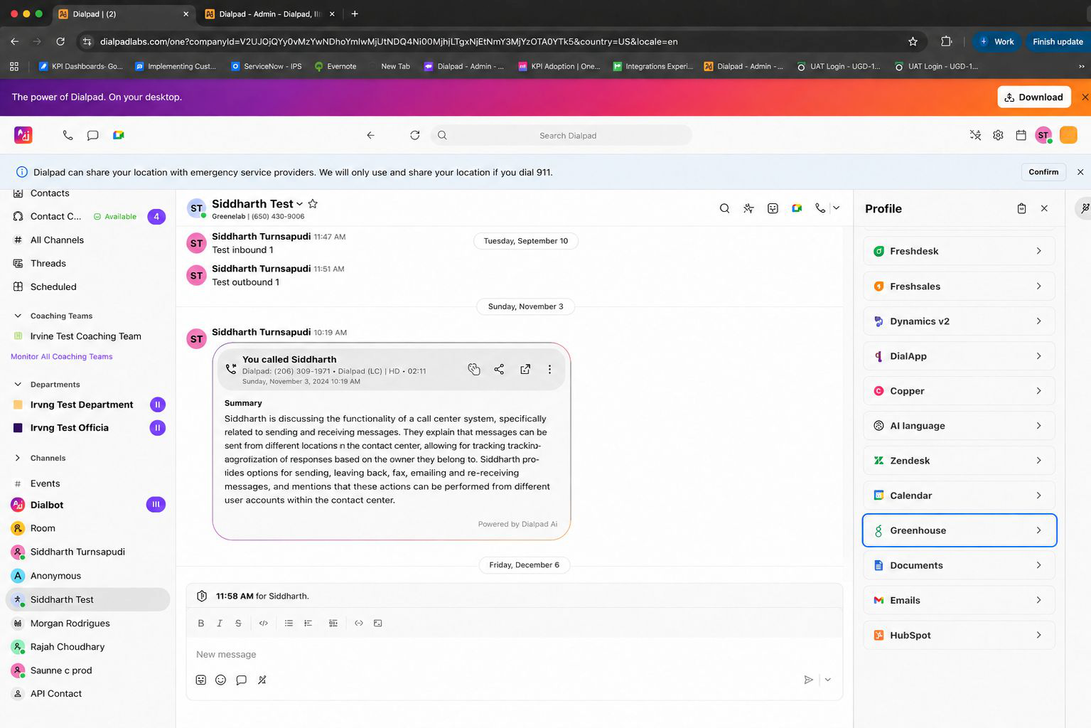 Screenshot of the Dialpad desktop app showing the conversation list on the left, a message thread in the center, and the profile sidebar on the right with the Greenhouse item highlighted