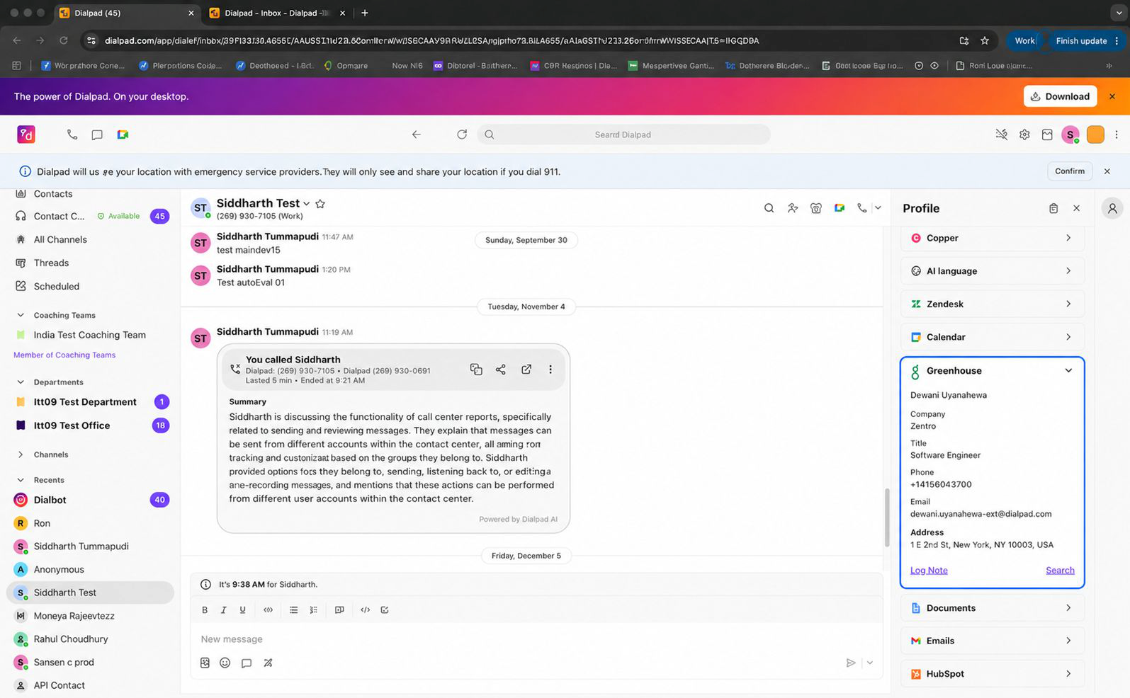 Screenshot of a Dialpad-like UI showing the conversation pane on the left and a Profile sidebar on the right with a Greenhouse card. The sidebar displays a matched candidate's details (name, company, title, phone, email, address) and action links including “Log Note” and “Search”. The screenshot has a purple bordered frame.