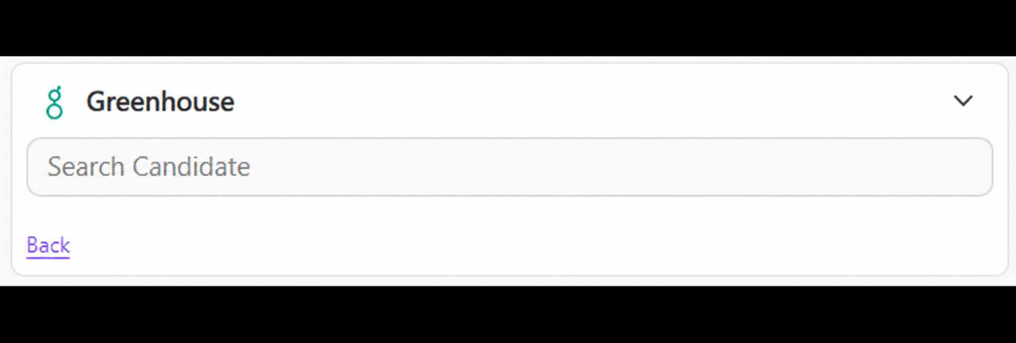 Close-up screenshot of the Greenhouse search panel inside the sidebar showing a Search Candidate input field, a Back link, and the panel styling within the Dialpad UI.