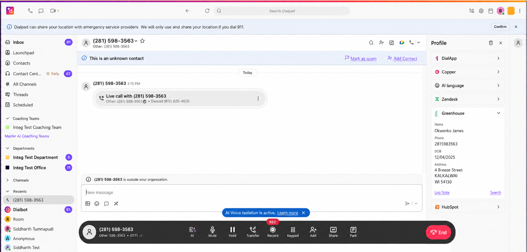 Dialpad app window with an incoming call; right sidebar shows a matched Greenhouse candidate profile — purple outer border
