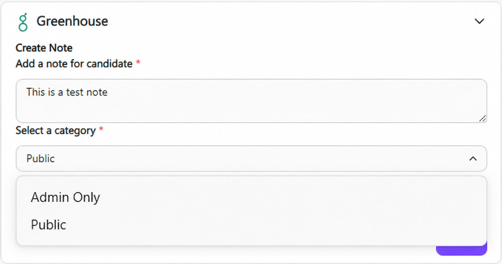 A Greenhouse modal titled Greenhouse showing the Create Note form — a textarea containing the text This is a test note and a category dropdown expanded to show options Admin Only and Public. The modal is inside a purple bordered frame.