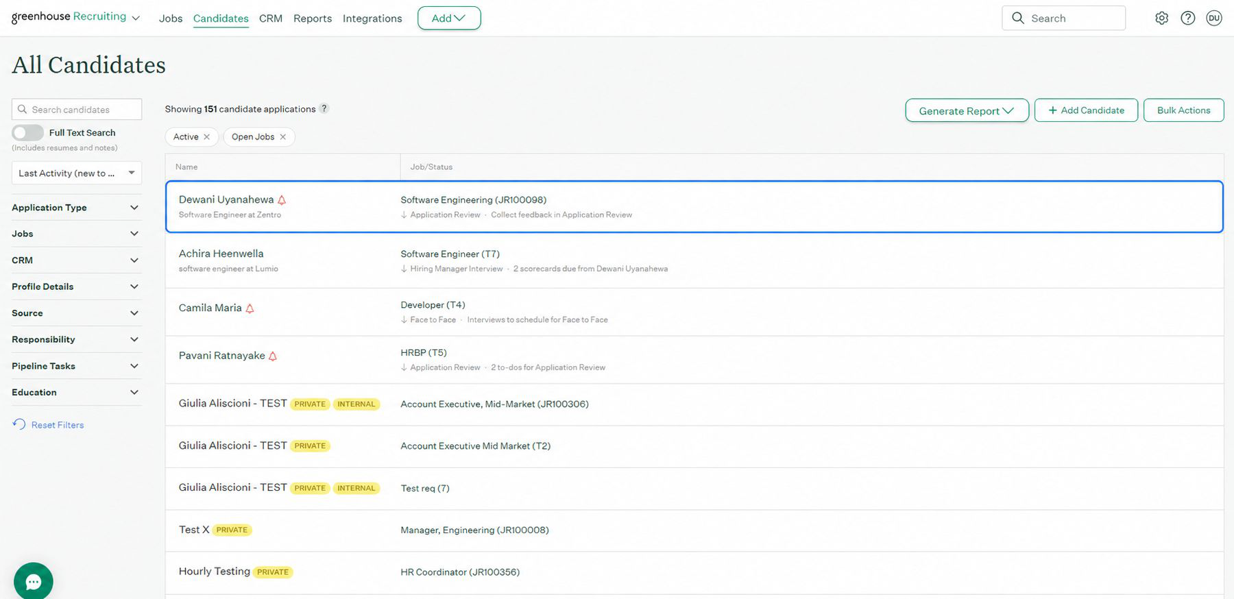 Screenshot of the Greenhouse All Candidates list UI showing a list of candidates, left-hand filter sidebar, and top action buttons, contained within a purple bordered frame