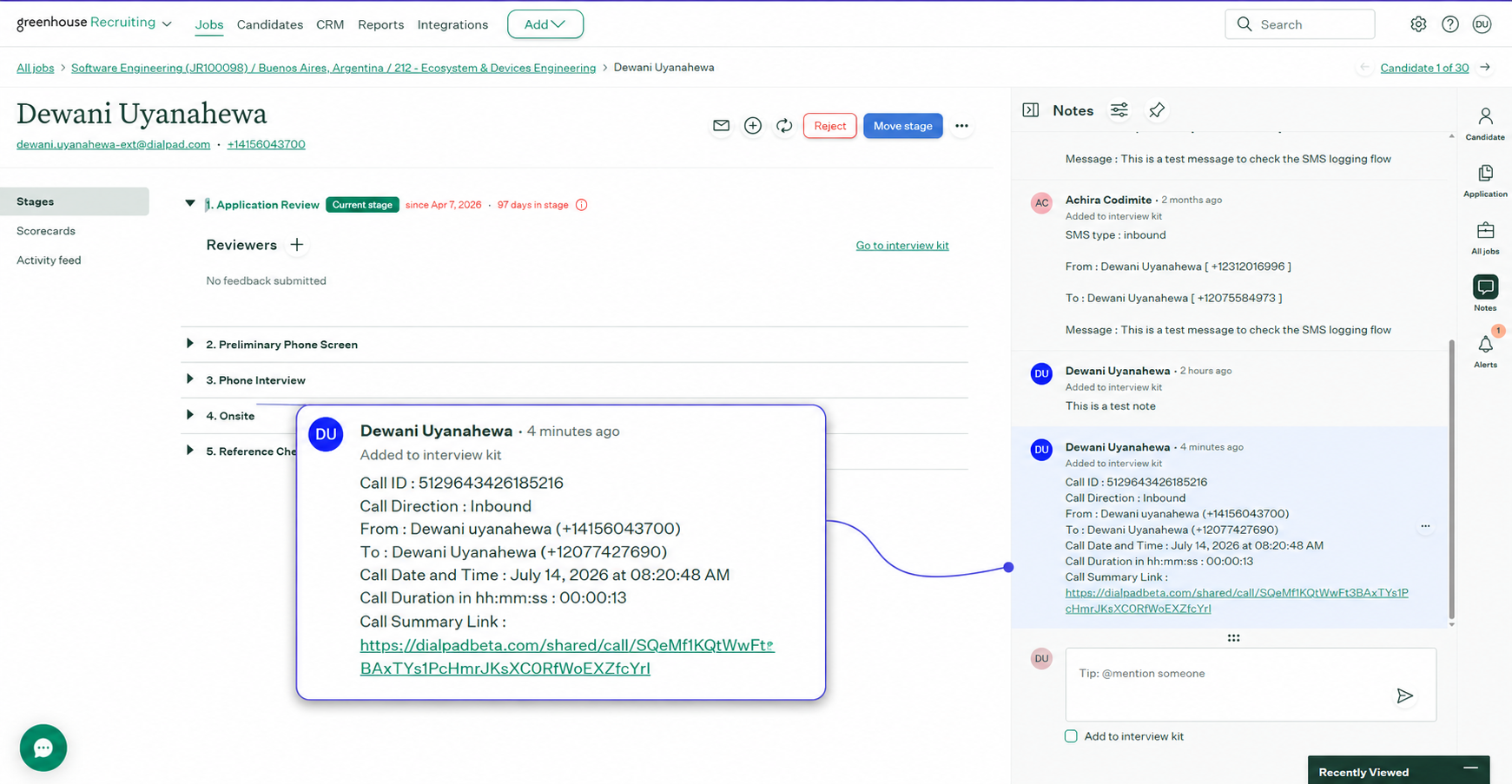 Screenshot of a Greenhouse candidate page showing a logged call note popup with call metadata and a Call Summary Link, and the candidate activity sidebar, contained within a purple bordered frame
