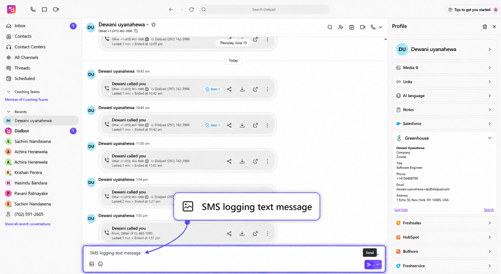 Large screenshot of the Dialpad conversation UI showing the left navigation, message thread in the center, and a highlighted SMS input area at the bottom with a purple callout bubble labeled SMS logging text message. The screenshot has a prominent purple outer border and callouts pointing to the message input.