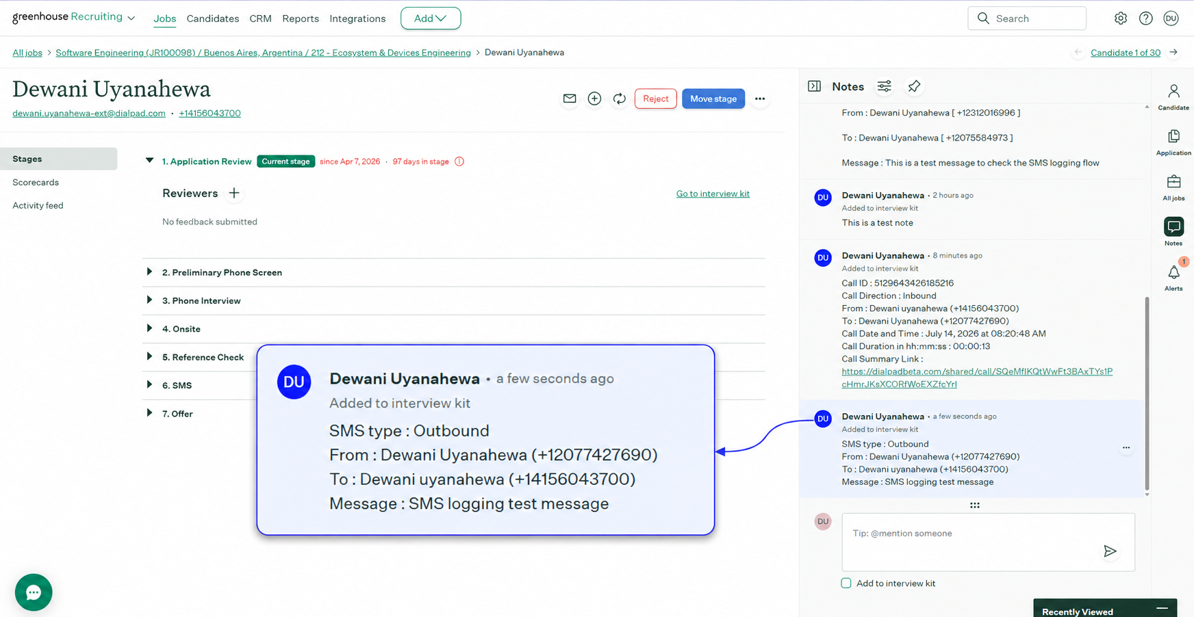Screenshot of a Greenhouse candidate profile page with the right-side activity feed. A blue-bordered callout bubble overlays the page showing an SMS log preview that lists fields such as SMS type (Outbound), From (Dewani Uyanahewa with phone), To (Dewani uyanahawa with phone), and Message (SMS logging test message). The screenshot shows UI elements for stages, notes, and recent activity.