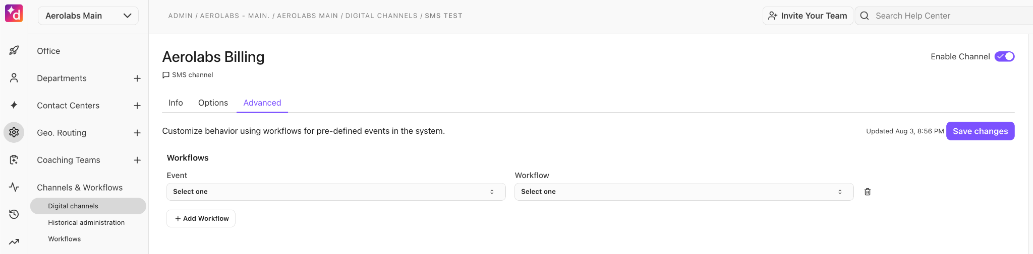 Aerolabs Billing interface showing options for customizing workflows and managing digital channels.