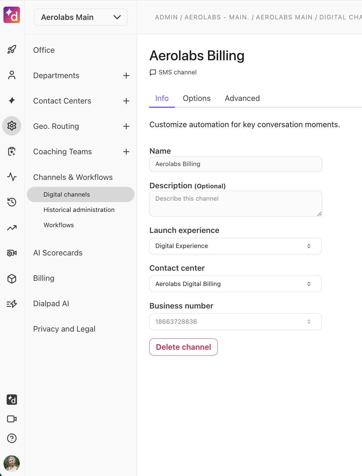 Aeroplabs Billing interface showing SMS channel settings and customization options.