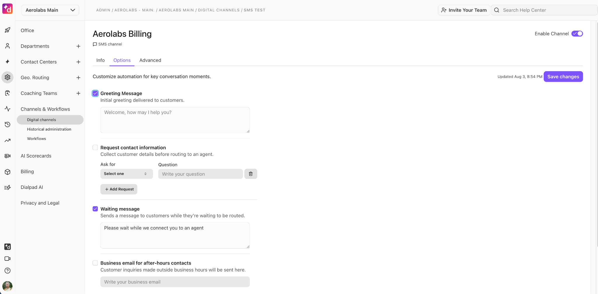 Aerolabs Billing options for SMS channel, including greeting and waiting messages.