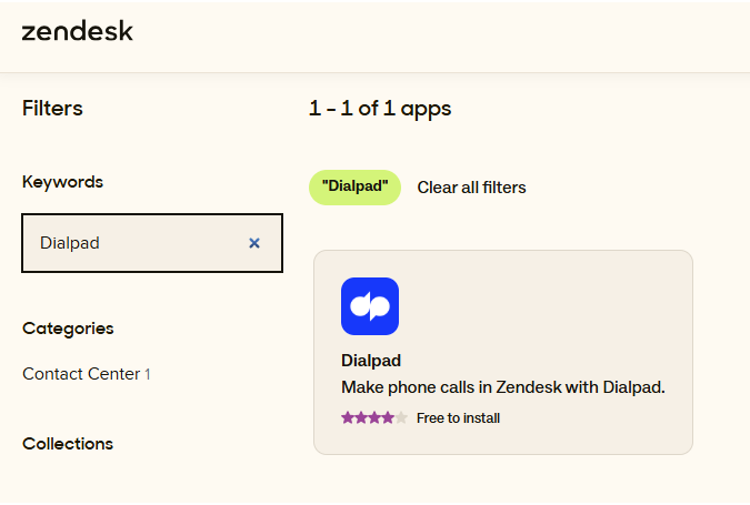 Zendesk app filter showing Dialpad for making phone calls with installation details.