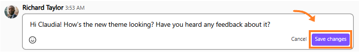 A message discussing feedback on a new theme with a save button highlighted.