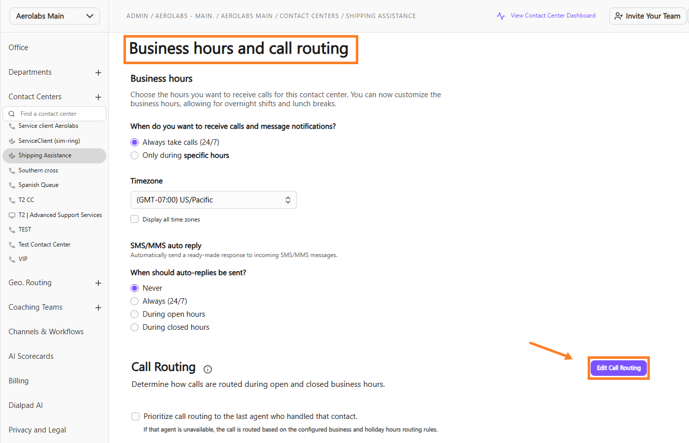 Settings for business hours and call routing in a contact center interface.