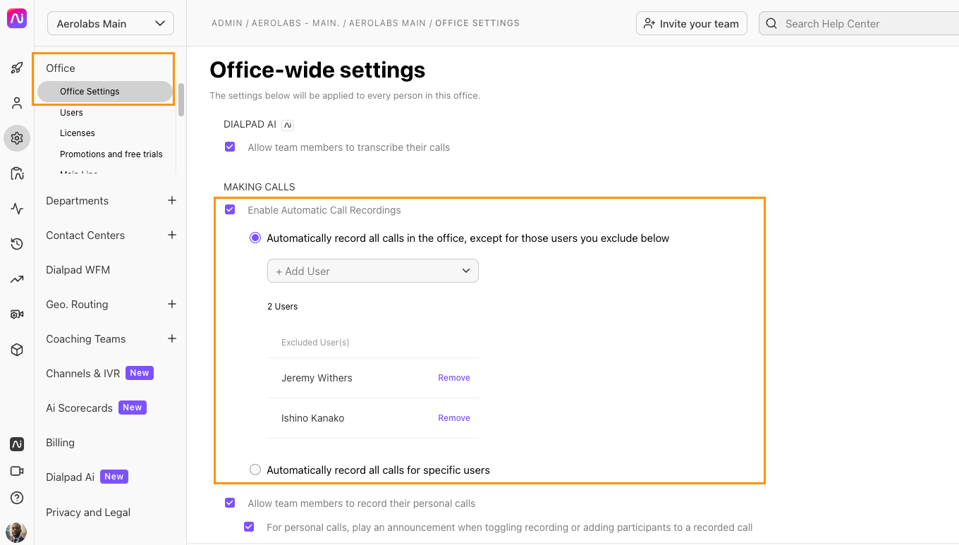 Settings for automatic call recordings and user exclusions in office-wide settings.