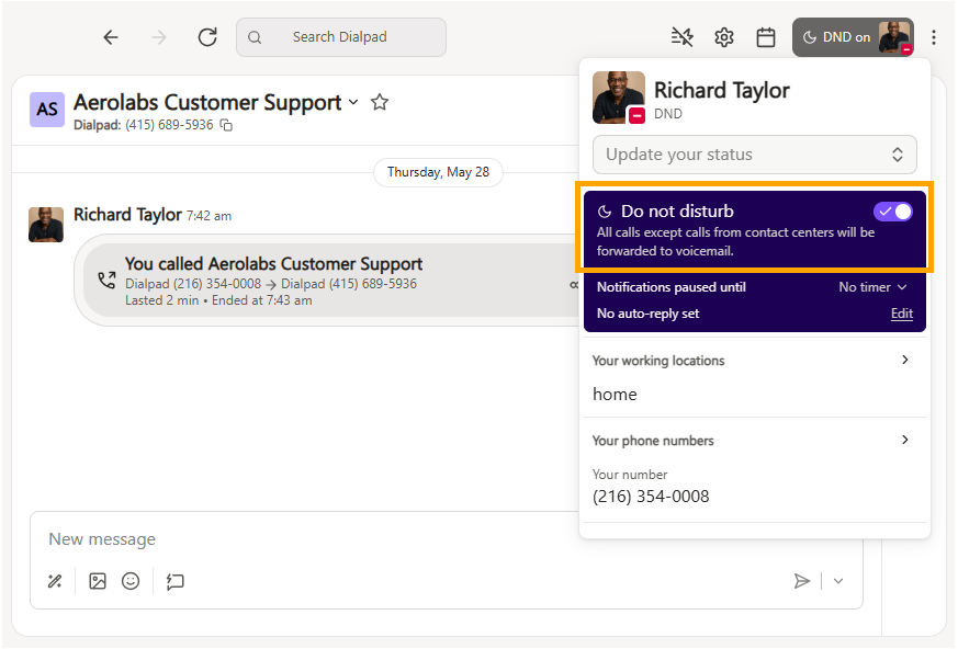 Richard Taylor's status shows 'Do not disturb' with call forwarding details highlighted.
