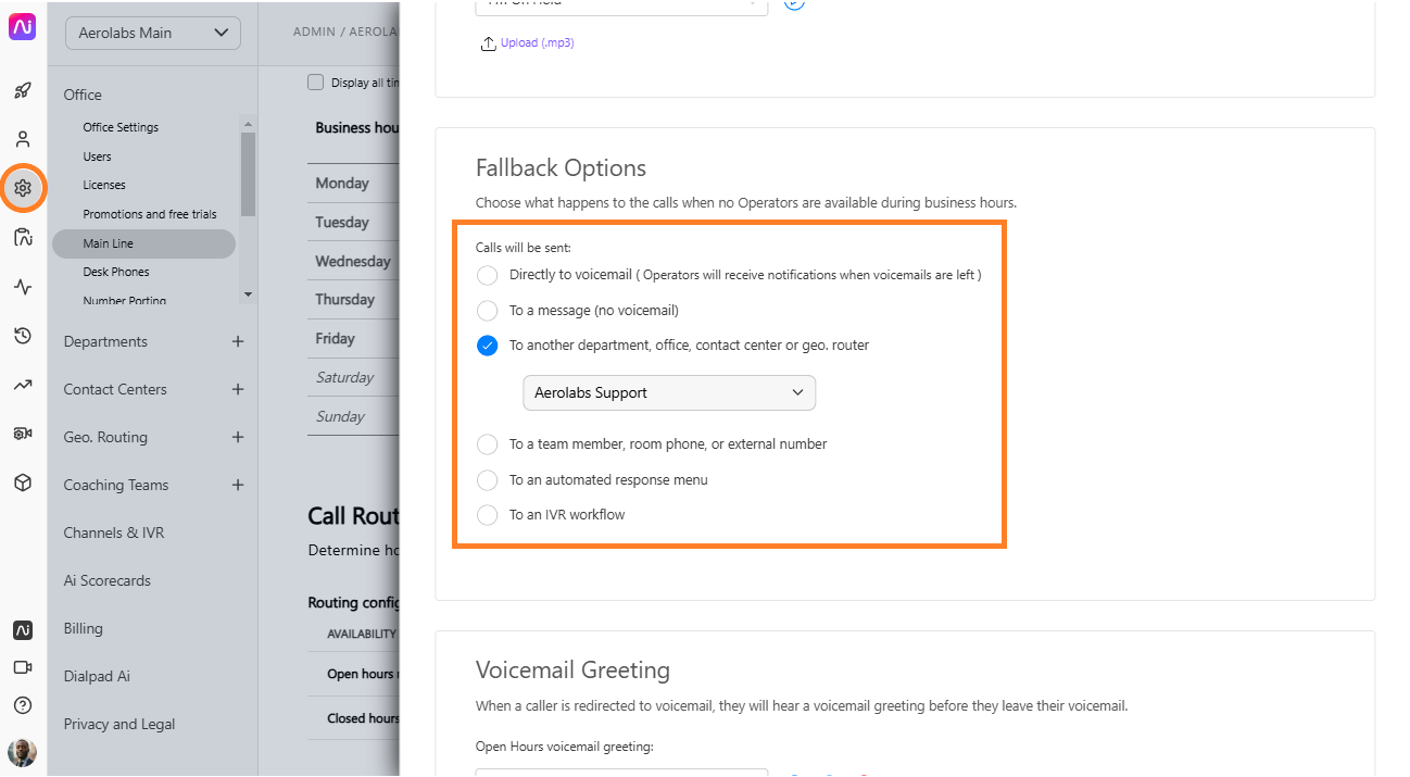 Fallback options for call routing, highlighting the selection for Aerolabs Support.