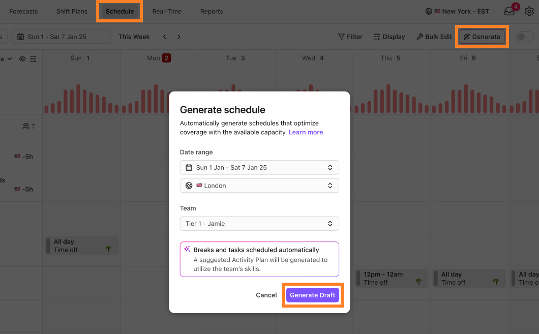 Schedule generation interface showing date range and team selection options.