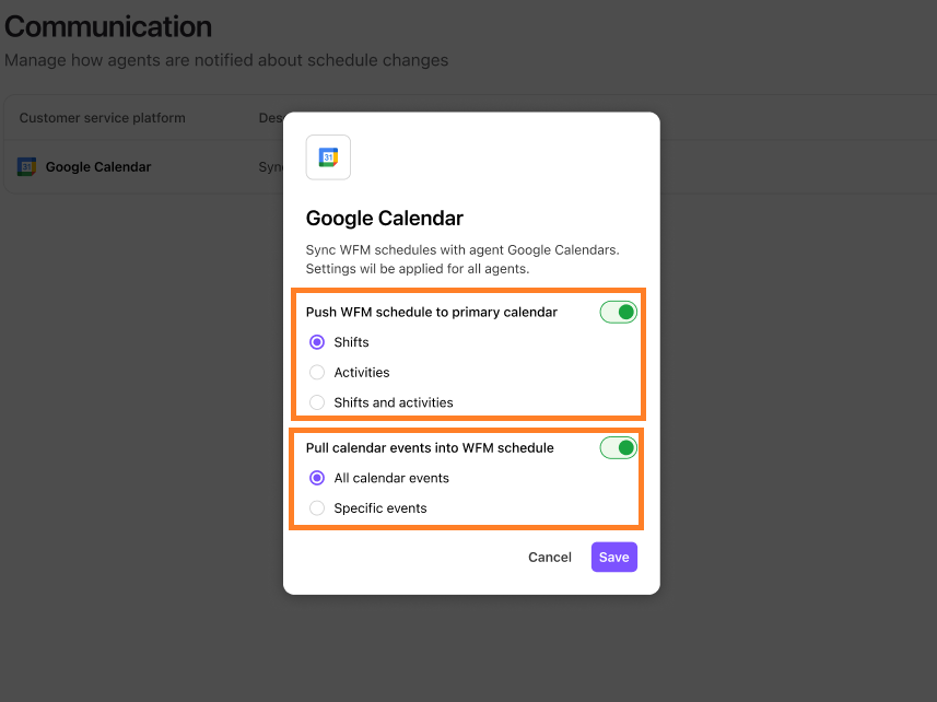 Settings for syncing WFM schedules with Google Calendar, including event options.