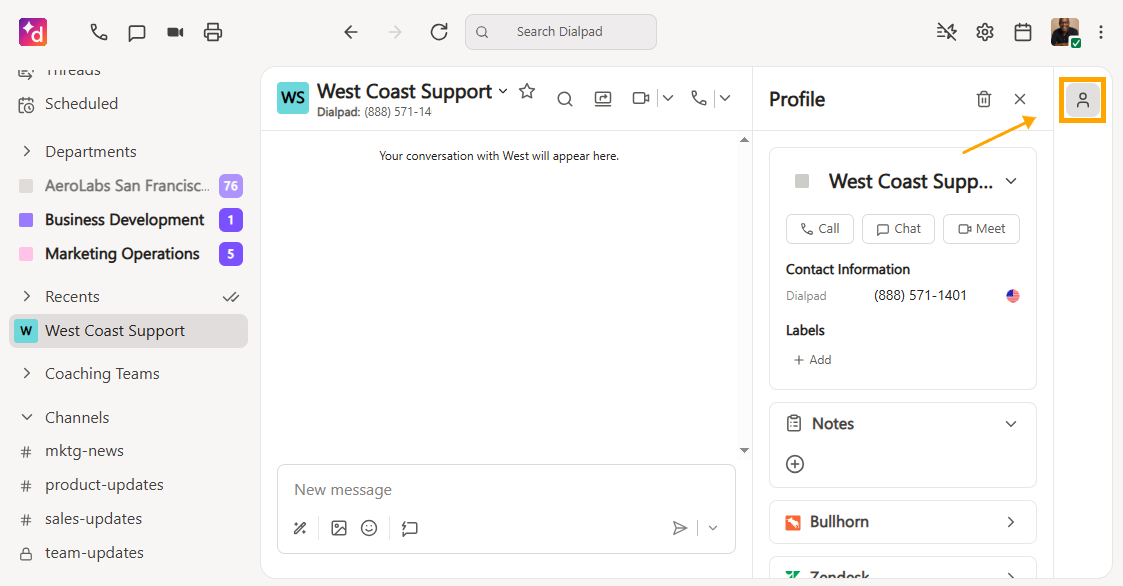 Dialpad interface showing West Coast Support profile and conversation area.