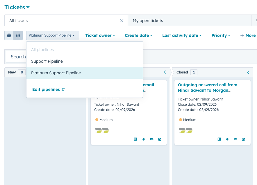 Selecting a pipeline in HubSpot settings