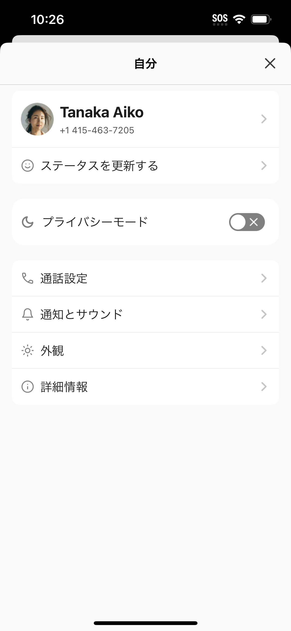 iOS settings page