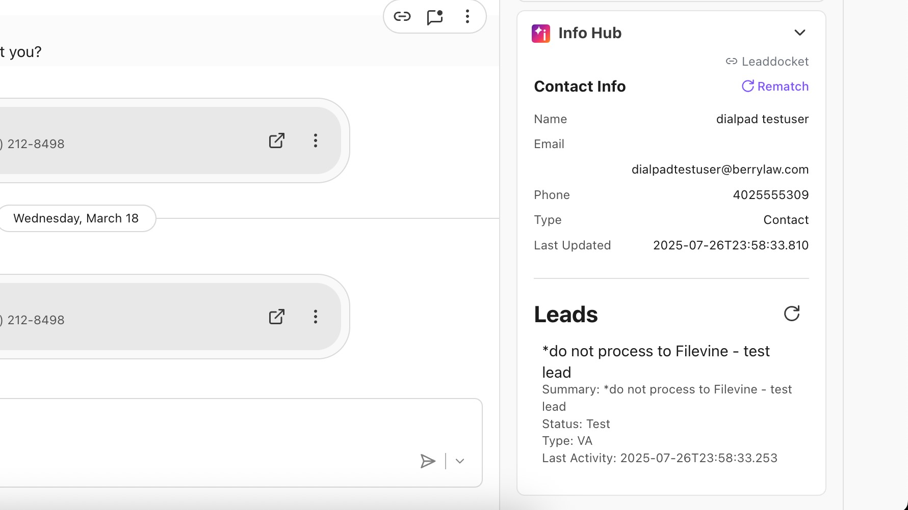 Contact information and lead details displayed in an application interface.