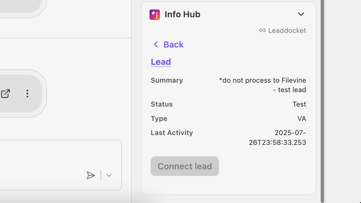 Info Hub displaying lead details, including summary, status, and last activity date.