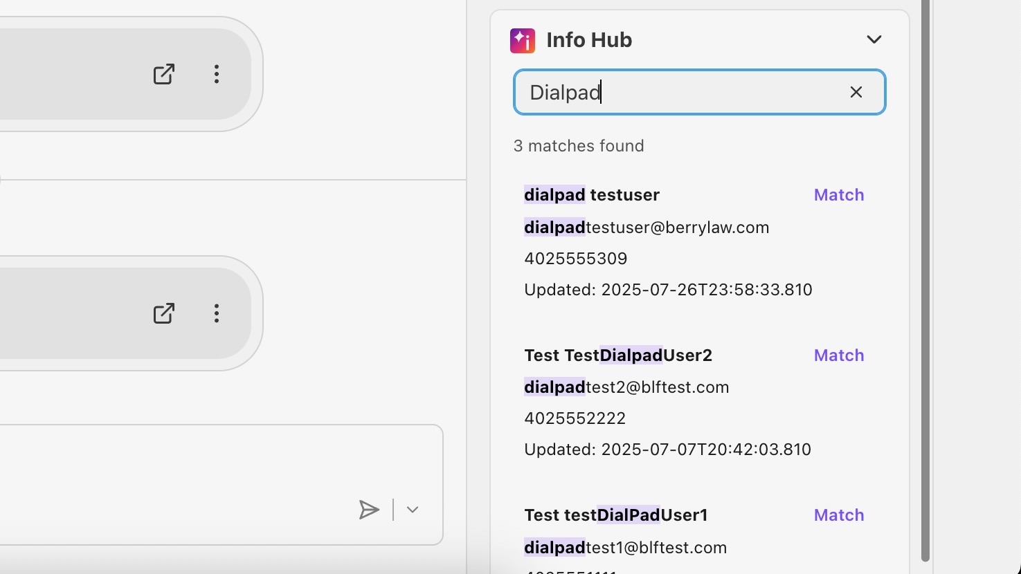 Search results showing multiple matches for 'Dialpad' with user details listed.