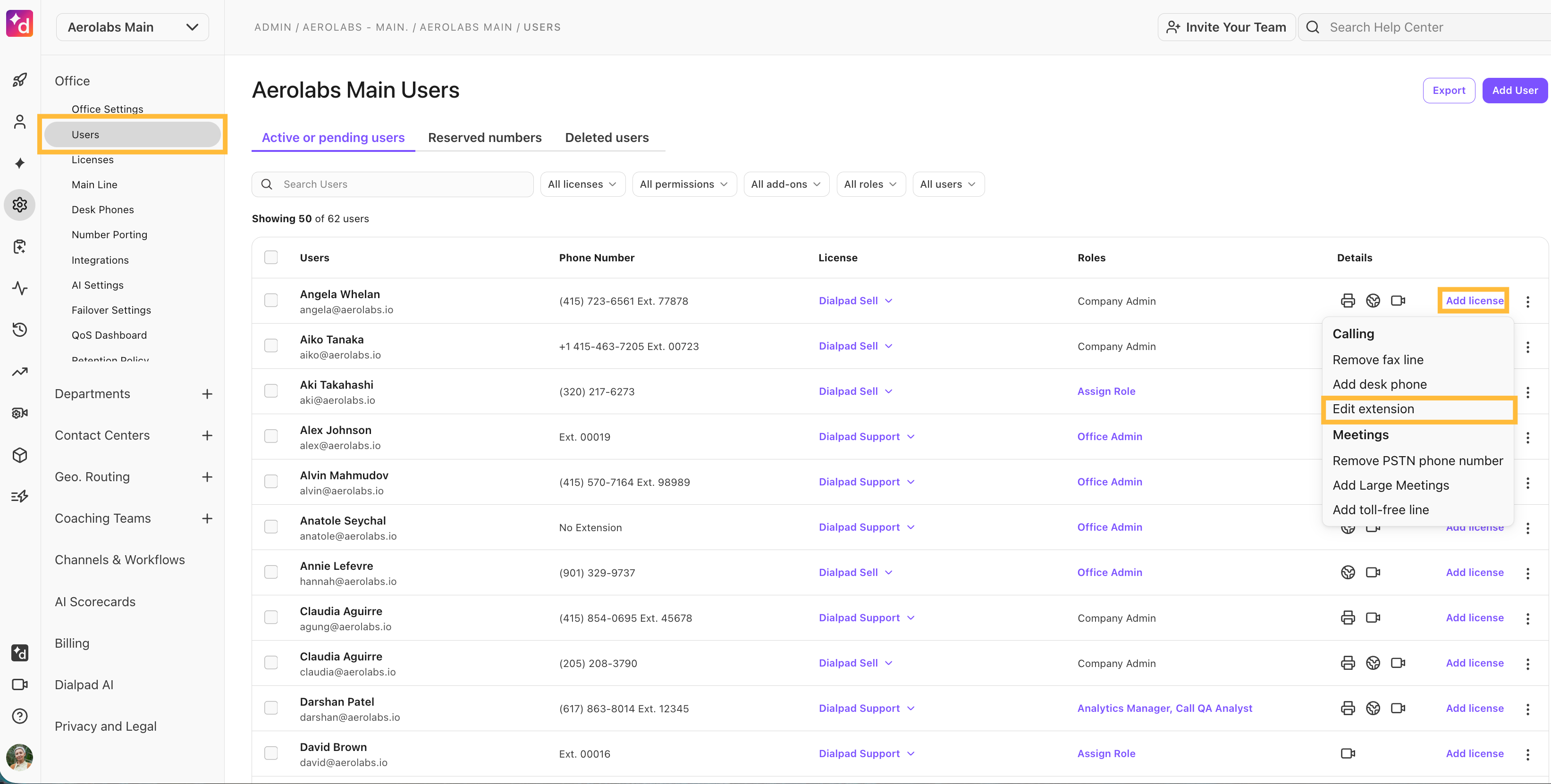 User management interface displaying user details and options for editing extensions and licenses.