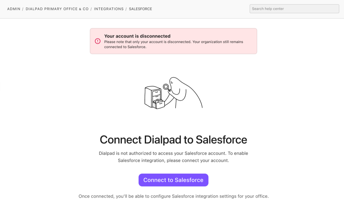 Dialpad integration page showing account disconnection and connection instructions for Salesforce.