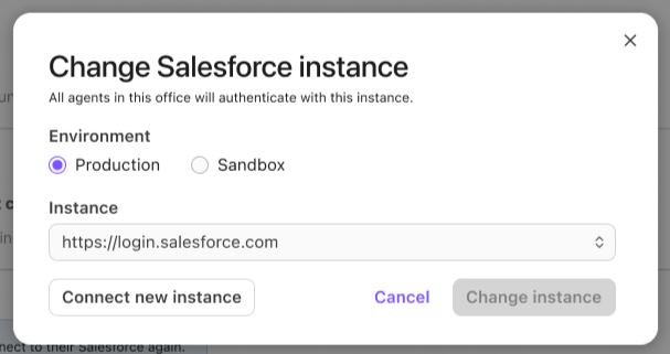 Configuration settings for connecting Salesforce to Dialpad, including environment options and instance details.