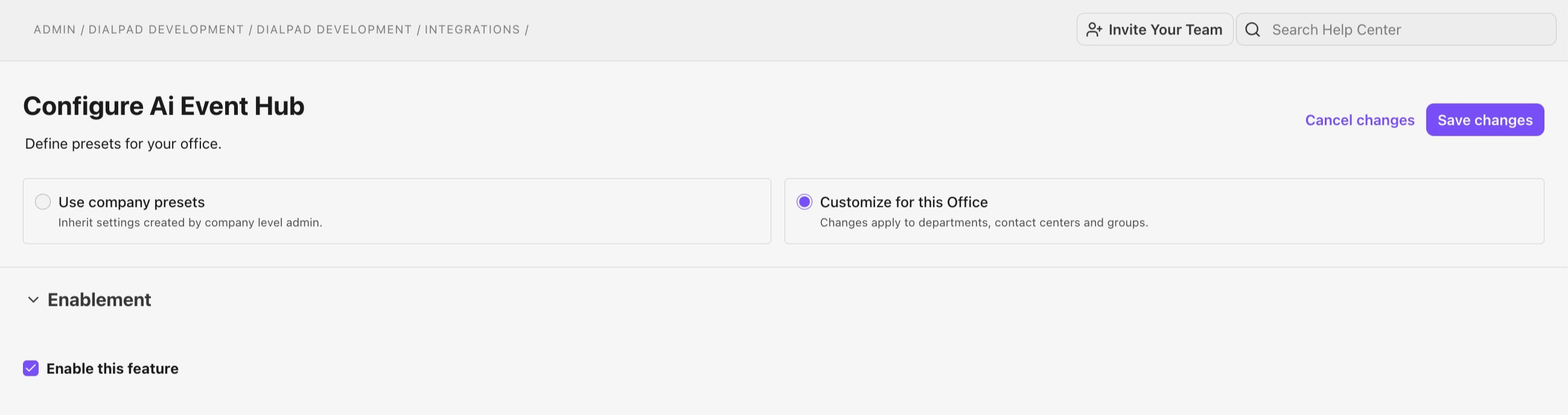 Settings page for configuring AI Event Hub with options for company presets and customization.