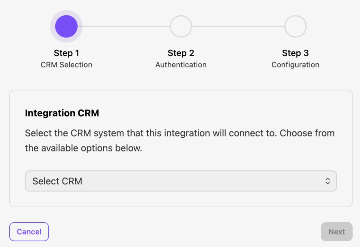 Step 1 of integration process for selecting a CRM system from available options.