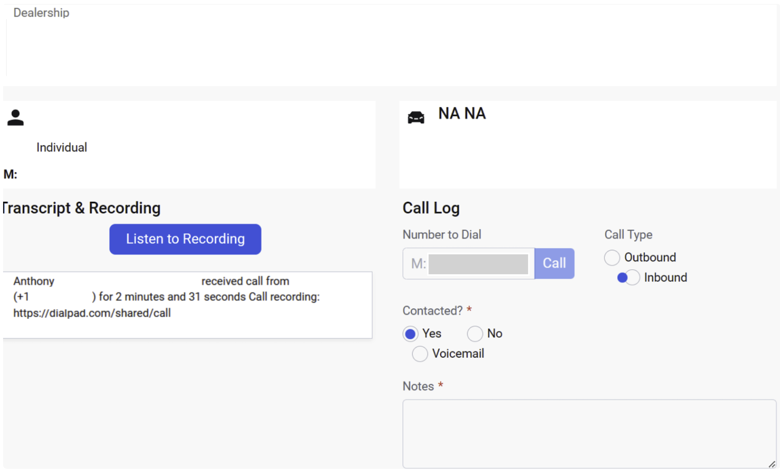 Call log showing details of an inbound call and options to dial a number.