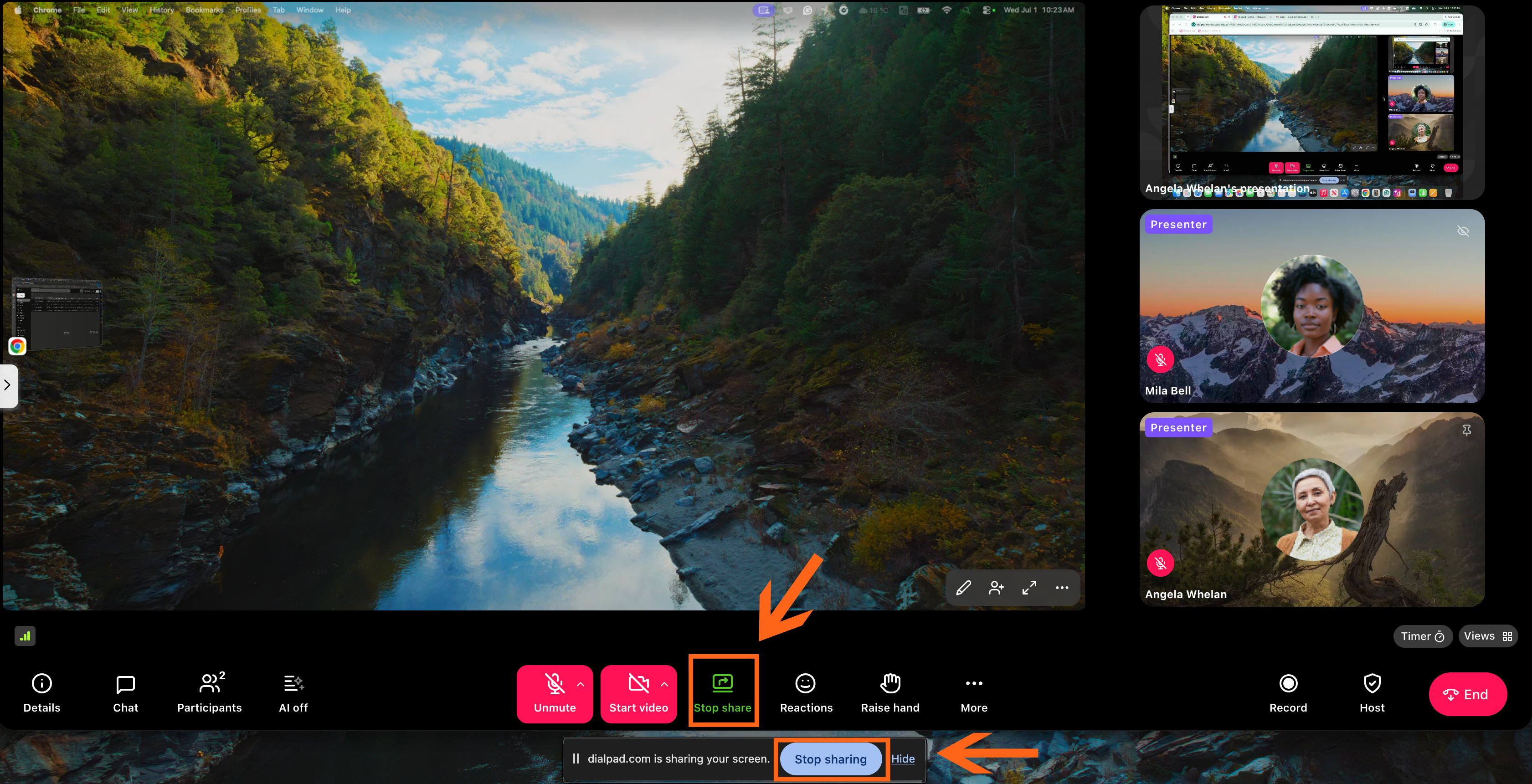 A scenic river view with participants in a video call on the side.
