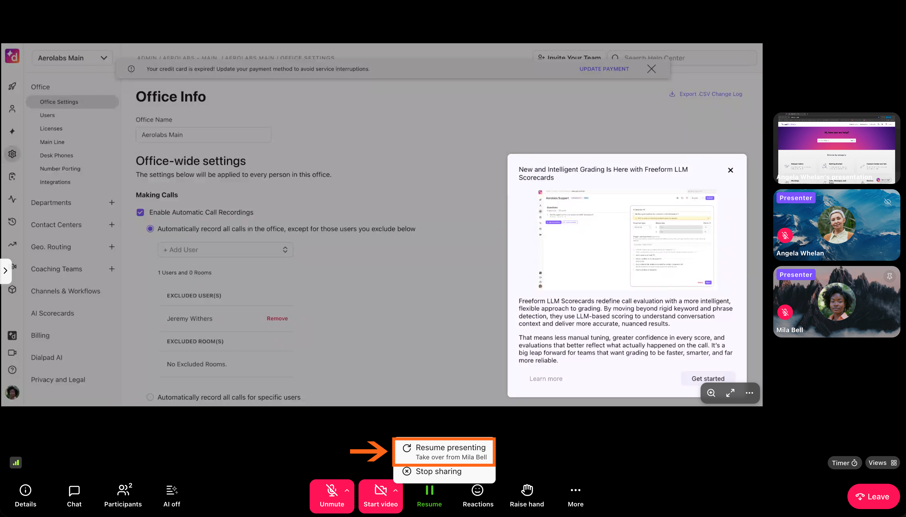Office settings page showing automatic call recording options and user exclusions.