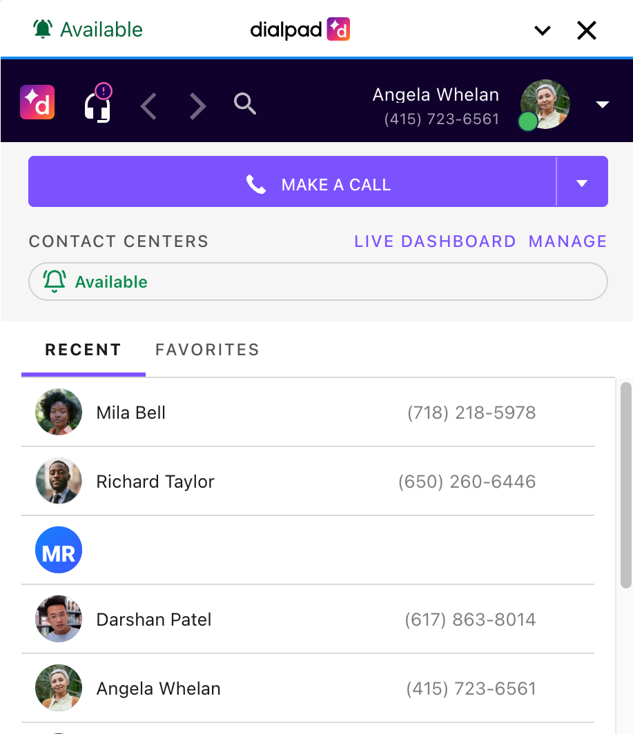 Dialpad interface showing recent contacts and call options for Angela Whelan.