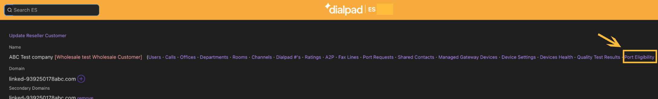 Customer page showing company details and domain information.