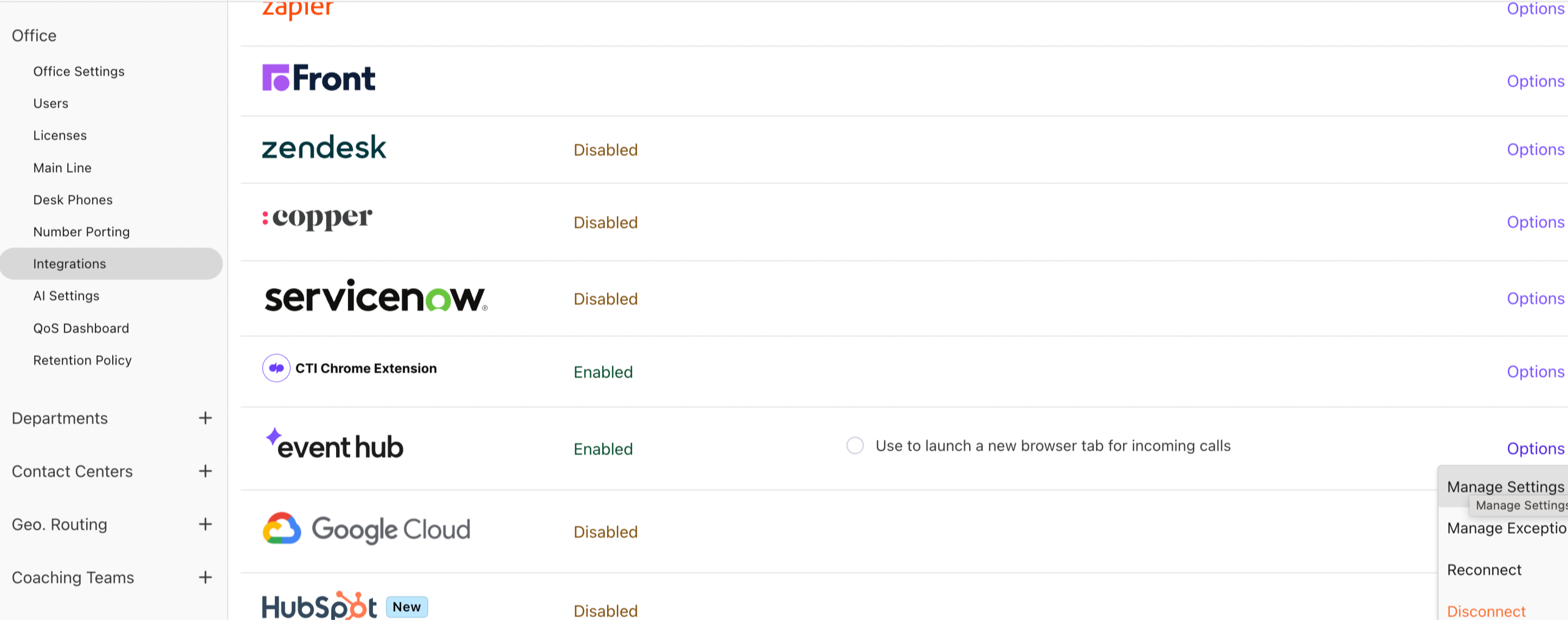 List of integrations with enabled and disabled statuses for various applications.