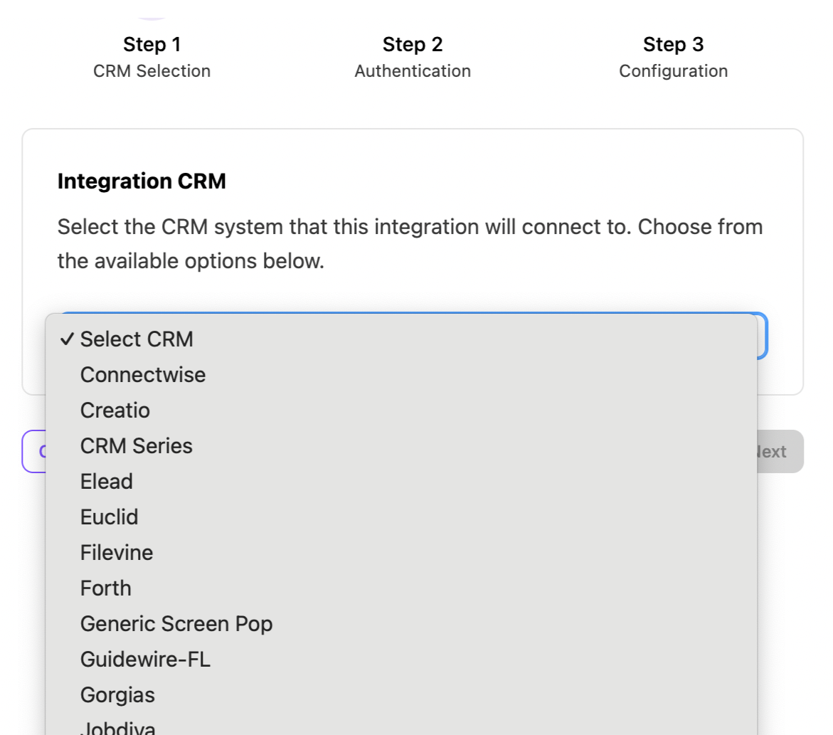 Select a CRM system from the dropdown menu for integration setup.