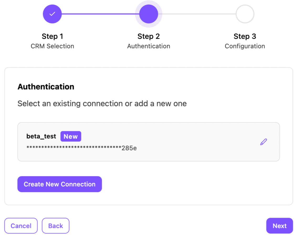 Authentication step for CRM connection with options to create or select existing connections.
