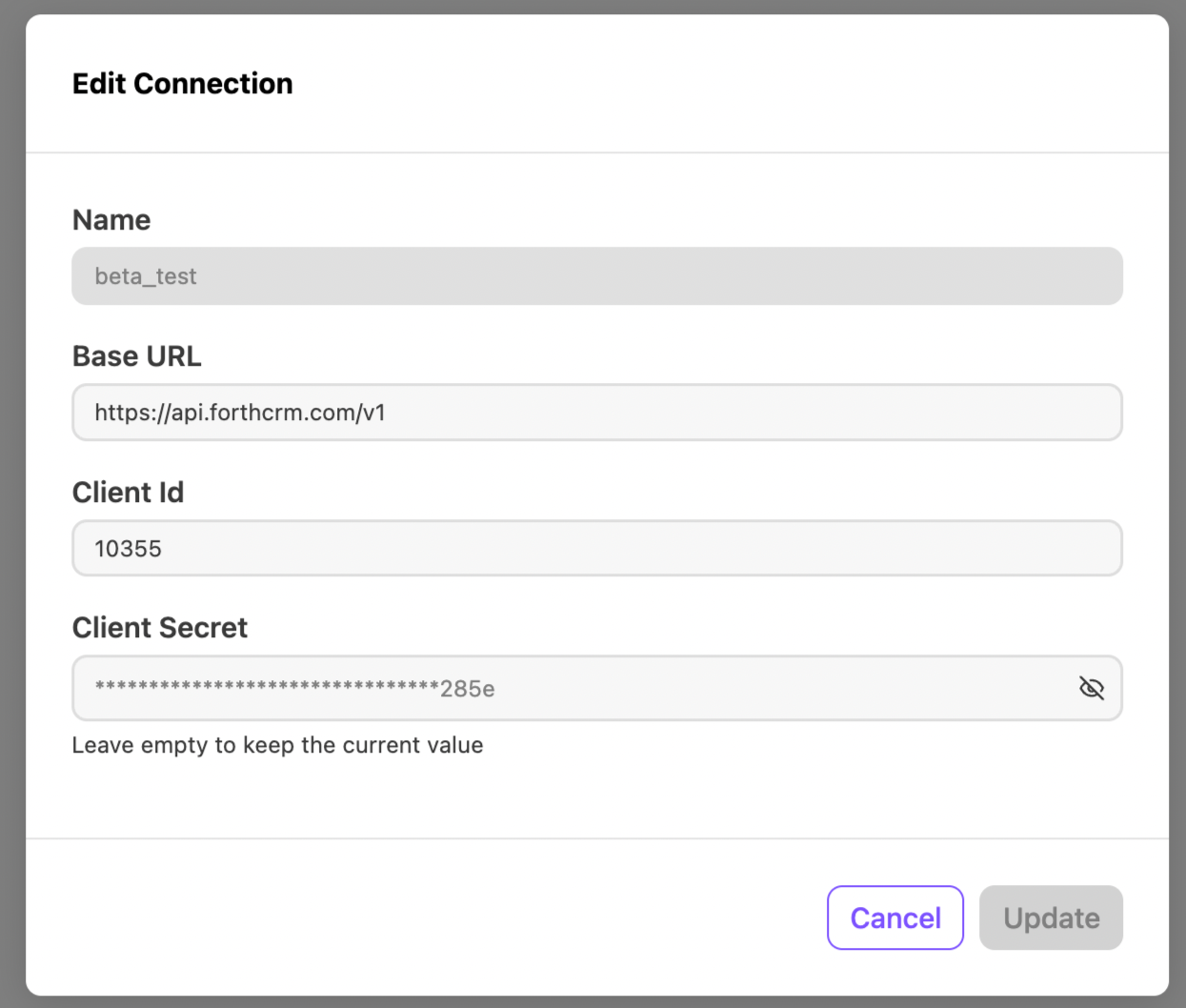 Editing connection settings with fields for name, URL, client ID, and secret.