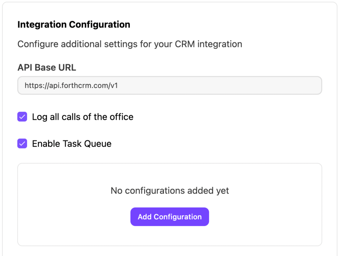 Configuration settings for CRM integration, including API URL and task queue options.