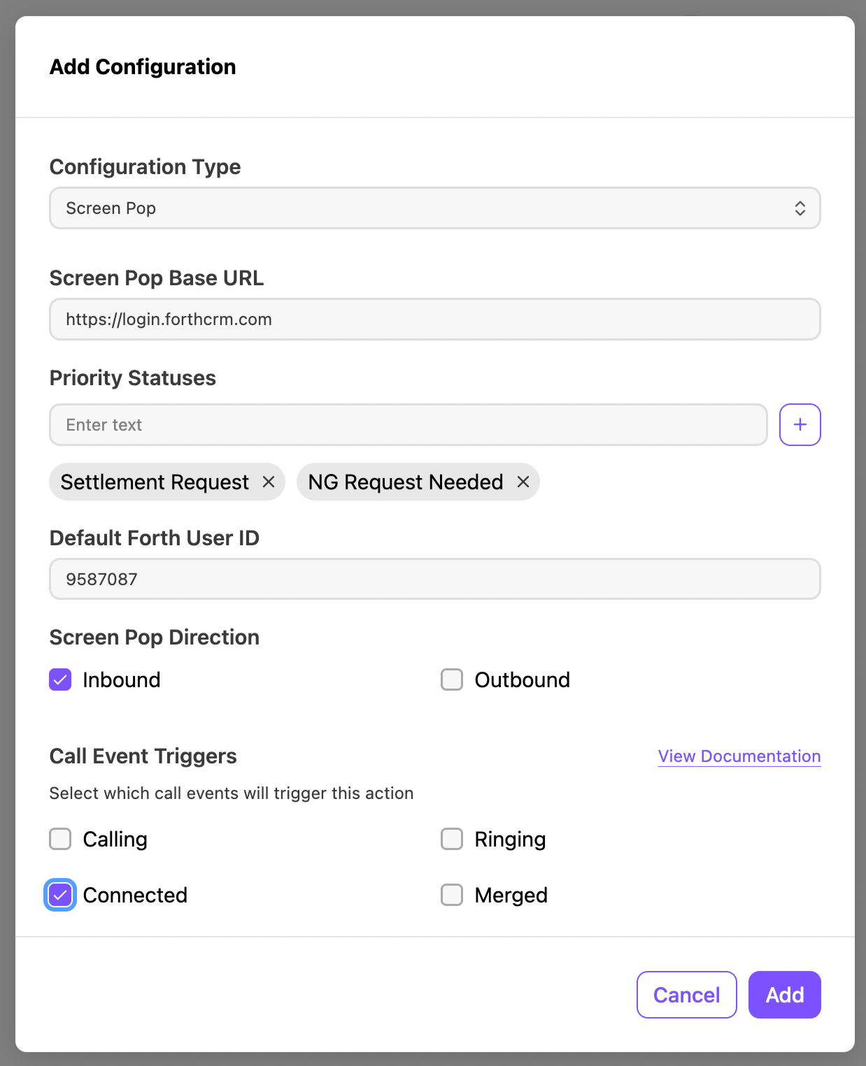 Configuration settings for screen pop, including URL and event triggers for calls.
