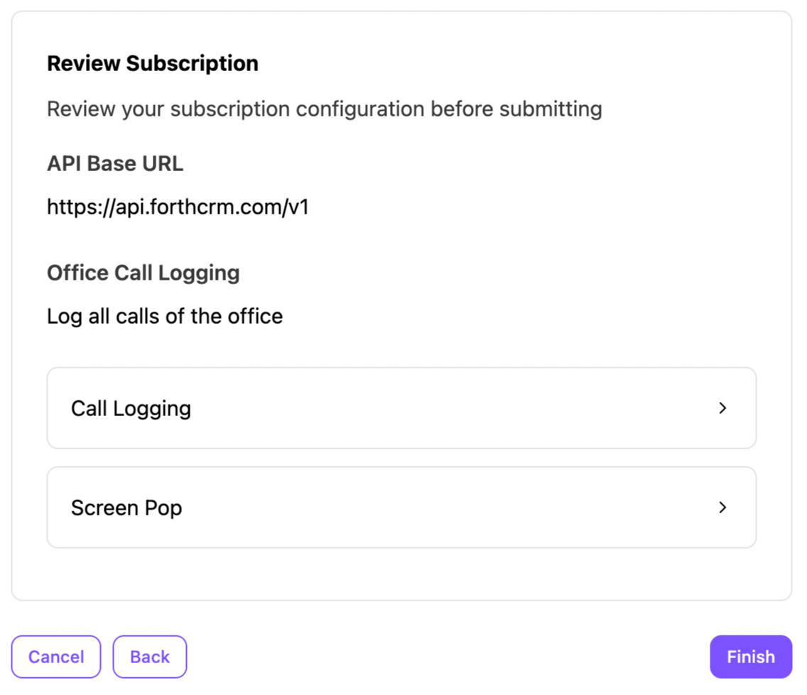 Review subscription settings including API URL and call logging options before submission.