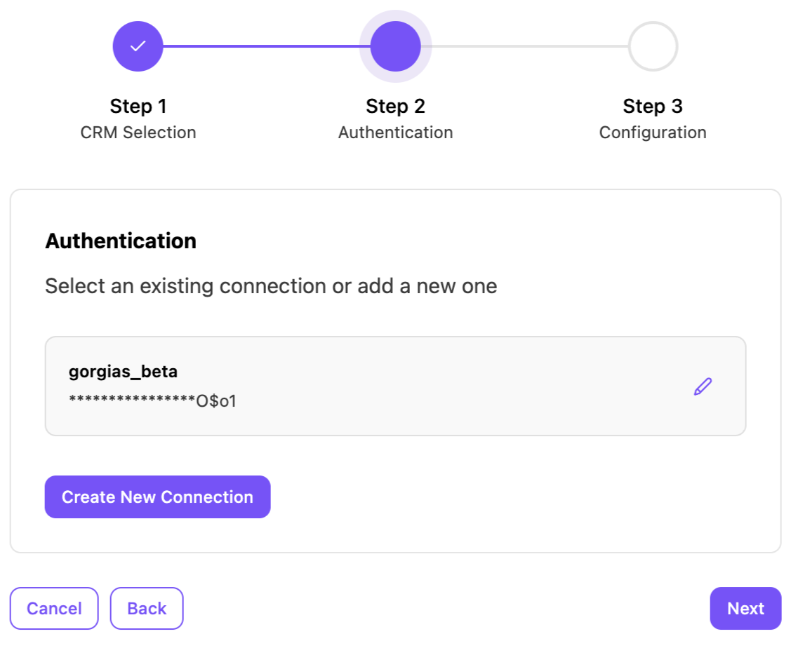 Authentication step for CRM connection with options to create or select connections.