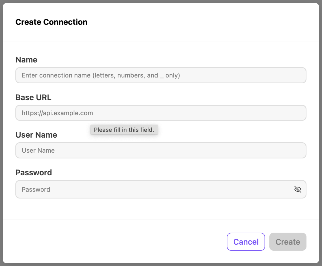 Form for creating a connection with fields for name, URL, username, and password.